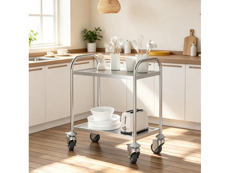  Desserte de cuisine 80 x 45 x 82 cm grise en acier inoxydable chromé, 2 plateaux et roulettes freinées  - Conforama D