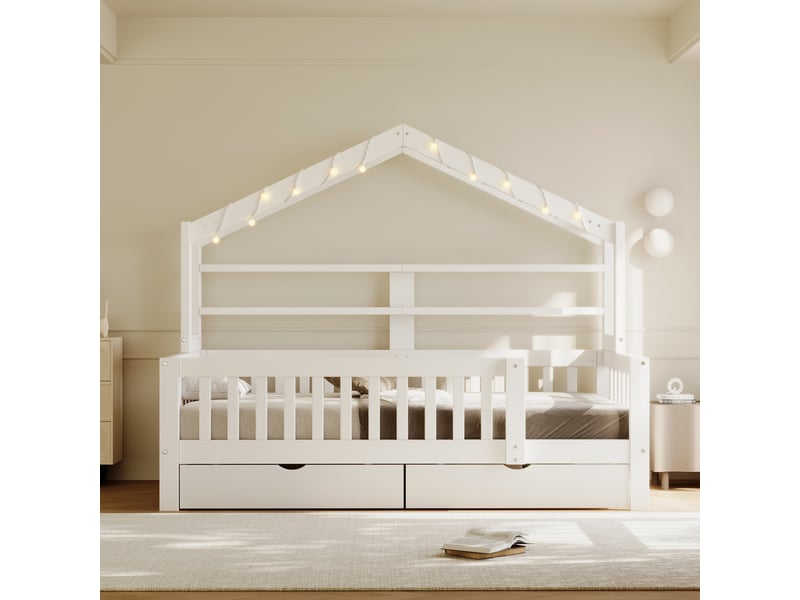 Lit cabane enfant 90x200 cm, lit au sol, tiroirs de rangement, barrière de sécurité, éclairage led, support à lattes stable, pin blanc CozyNest - Conforama D