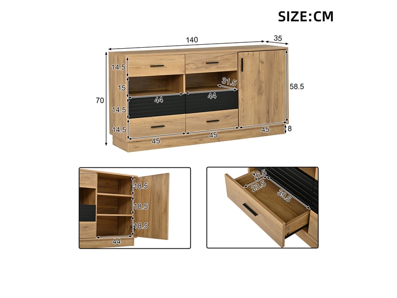 Buffet bas 140x35x75 cm naturel avec 6 tiroirs, 1 porte, led Fay Lum - Conforama C