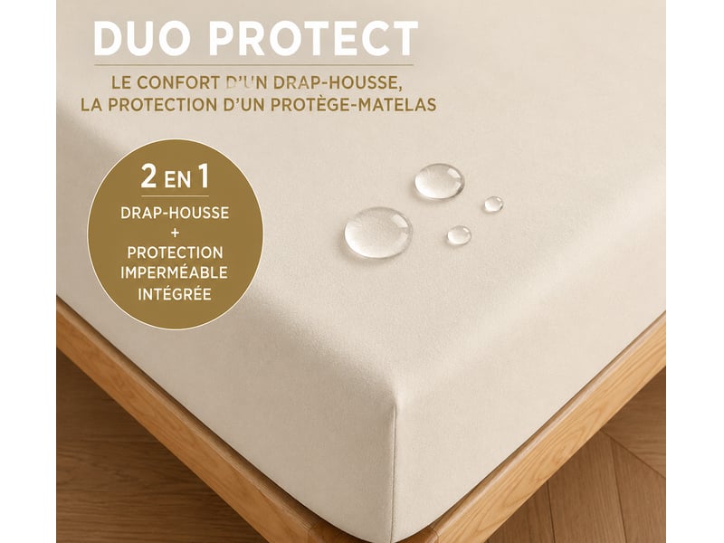  Drap housse 2 en 1 imperméable 90 x 190 cm coton 57 fils duo protect sable CP-DHDUOPROTECT90-SABLE - Conforama B