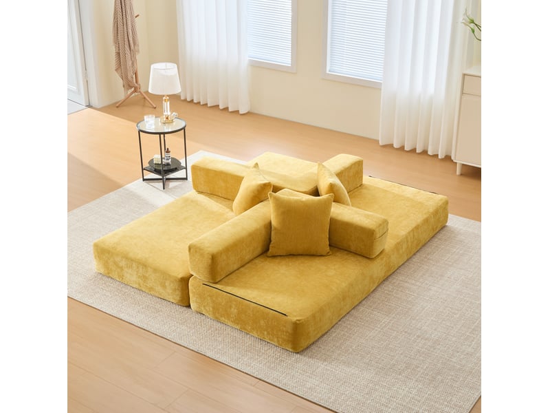  Canapé modulable 2 places convertible en chenille jaune moutarde  - Conforama C