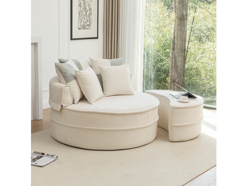 Fauteuil lounge rond 1 place beige en tissu avec 5 coussins et ottomane, confort mi-souple pour un salon moderne  - Conforama E