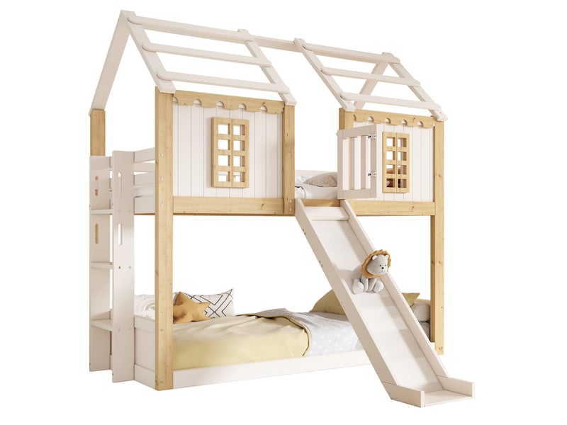  Lit superposé enfant cabane 90 x 200 cm avec toboggan blanc et bois, sans matelas  - Conforama A