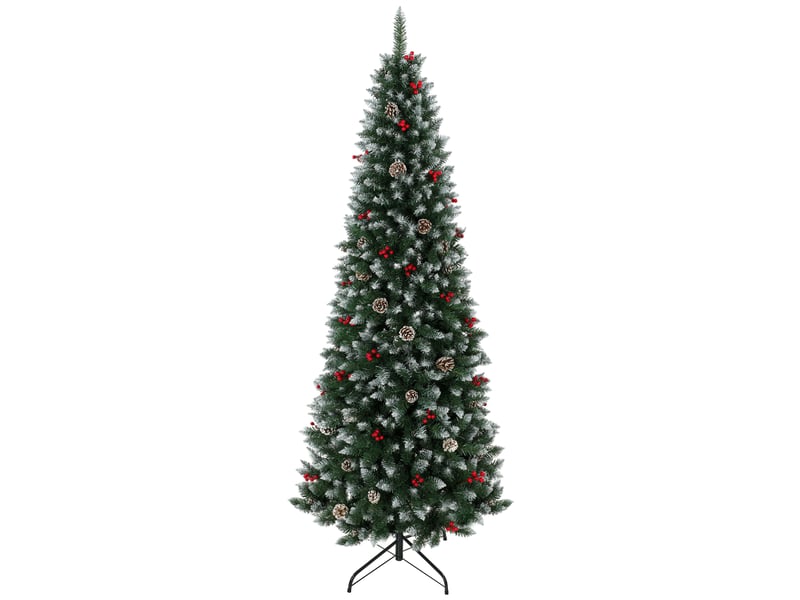 Sapin de noël snowy pencil de 210 cm avec 818 branches, baies rouges, pommes de pin, base métallique pliable, ouverture automatique, vert - Conforama A
