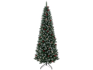 Sapin de noël snowy pencil de 210 cm avec 818 branches, baies rouges, pommes de pin, base métallique pliable, ouverture automatique, vert