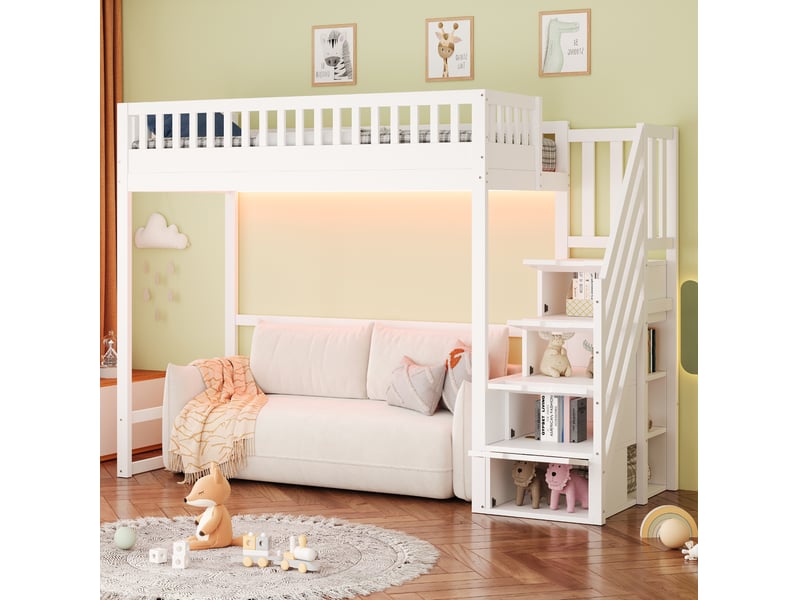 Elvmi lit mezzanine 90x200 cm en bois de pin blanc avec échelle réversible, garde-corps sécurisés, marches de rangement intégrées, éclairage led sous le couchage, sommier à lattes et espace ouvert dessous, pour chambre enfant et…  - Conforama E