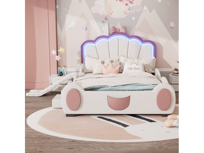  Lit enfant 140x200 cm avec toboggan, échelle et led, rose et blanc, motif papillon  - Conforama D