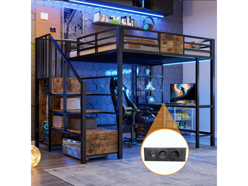 Lit superposé 140x200 cm, lit enfant, bureau, penderie, led, prise intégrée, métal noir - Conforama E