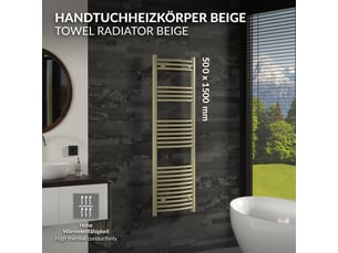 Luxebath sèche-serviettes design sahara 500 x 1500 mm, raccordement latéral, courbé, haute conductivité thermique, radiateur mural porte-serviettes pour salle de bain, puissance 605 w, beige mat
