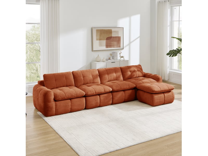Canapé modulable 4 places modenvie en l avec 1 pouf, revêtement chenille, assises larges et profondes, 334 x 160 x 68 cm, orange - Conforama B