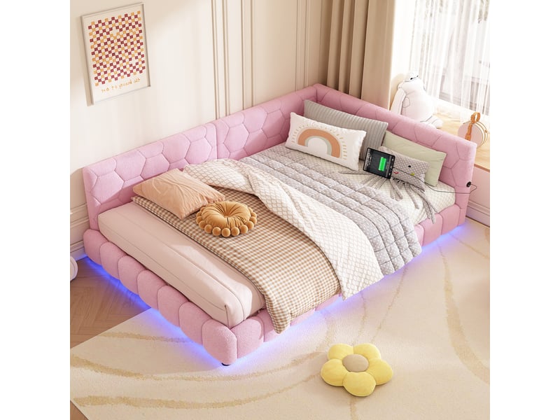  Canapé-lit 140x200cm, lit double avec led, tête de lit, dossier et sommier, charge, lit enfant et adulte, velours rose, sans mtelas  - Conforama C