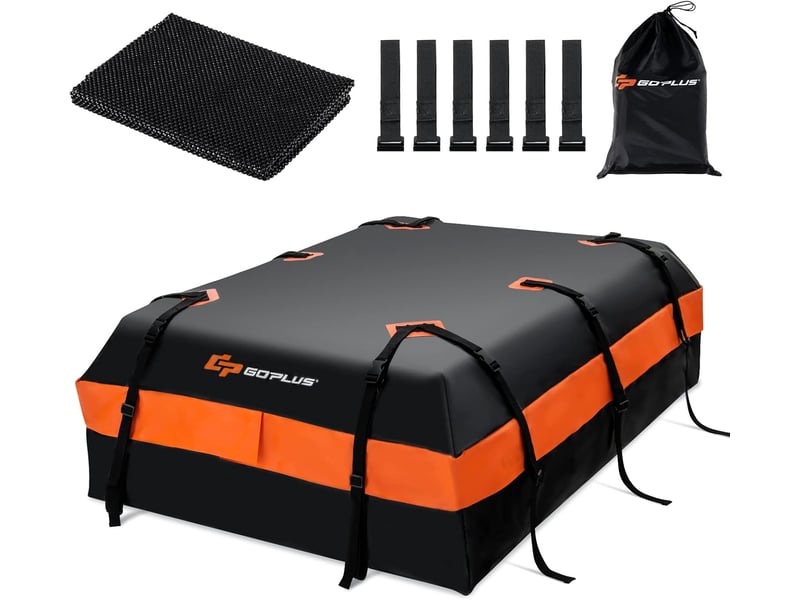 Sac de toit de voiture de 21 pieds cubes, sac de transport étanche sur le toit avec 10 sangles renforcées, tapis antidérapant et sac de rangement  - Conforama A