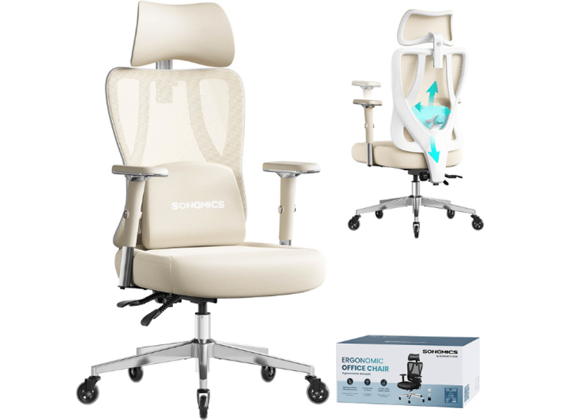  Chaise de bureau ergonomique ajustable support lombaire 70 x 70 x 136 cm style moderne confort optimal en tissu beige 12_0012768  - Conforama A