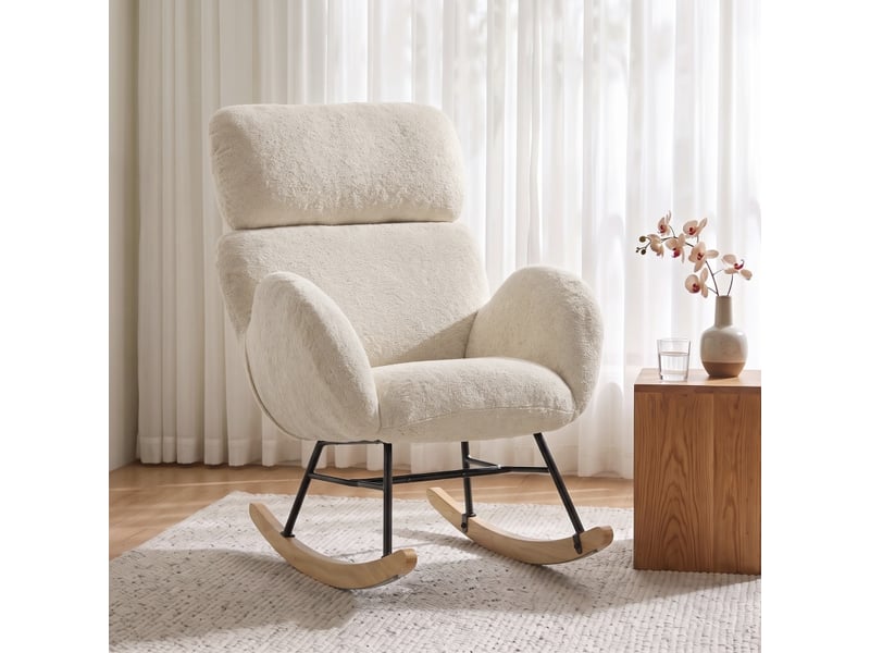  Fauteuil à bascule rembourré avec appui-tête réglable, velours à motif gouttes de pluie, structure en bois d'hévéa, blanc crème  - Conforama C