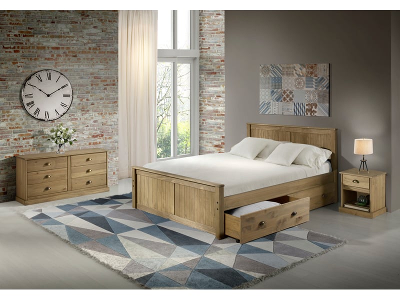 Lit adulte 140x200 cm avec set de 2 tiroirs ALONG ciré finition coloris teck - Conforama Y