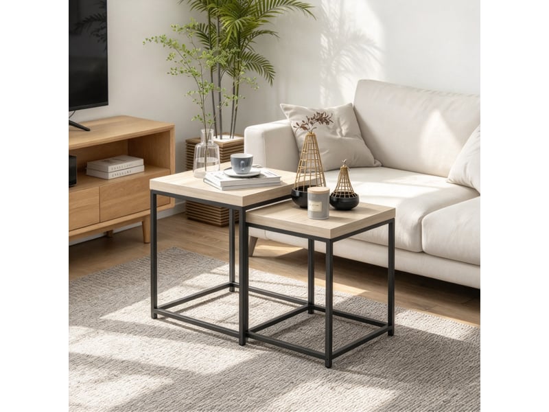  Lot de 2 tables basses gigognes, table basse carrée 45 x 45 cm, acier et bois naturel, design moderne gain de place.  - Conforama B