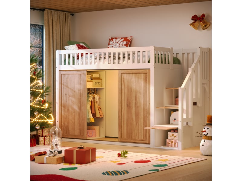  Lit mezzanine 90x200 cm avec armoire et escalier intégré, blanc, lit enfant multifonctionnel avec bande lumineuse colorée  - Conforama A