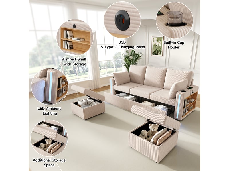  Canapé modulable en u ou l 5-6 places velours côtelé beige avec led  - Conforama C