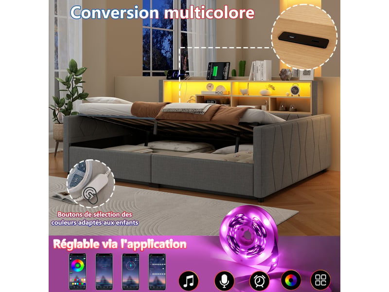  Canapé-lit rembourré 140x200 cm avec led et usb,lit coffre rangement hydraulique,tête de lit de rangement,tissu lin,gris  - Conforama D
