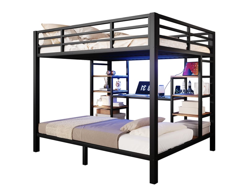  Lit superposé 140 × 200 cm et 90 × 200 cm avec étagères ouvertes, led et prises intégrées pour chambre à coucher  - Conforama A