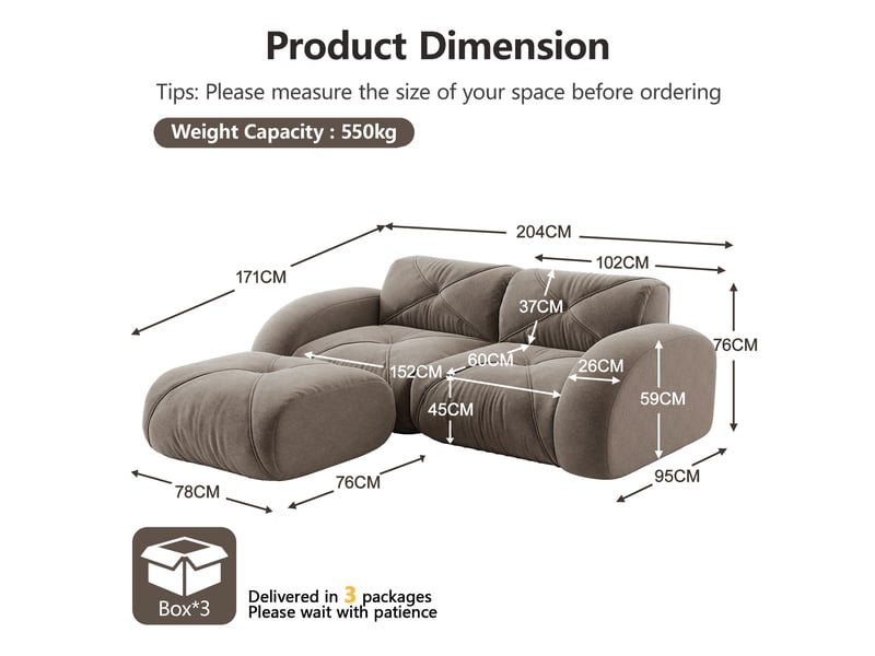  Canapé modulaire 2 places avec pouf, assise en mousse haute densité et revêtement en chenille taupe  - Conforama E