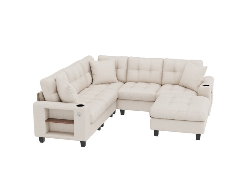  Canapé en u modulable 6 places en tissu chenille beige, accoudoirs bibliothèque, usbusb-c, 216,5×216,5×83 cm  - Conforama A