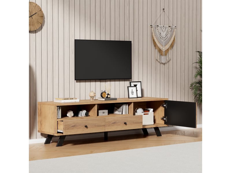  Meuble tv bas 150 cm, 2 tiroirs, noir et bois naturel, panneaux de particules, pour tv jusqu’à 60 pouces Fay Lum - Conforama D