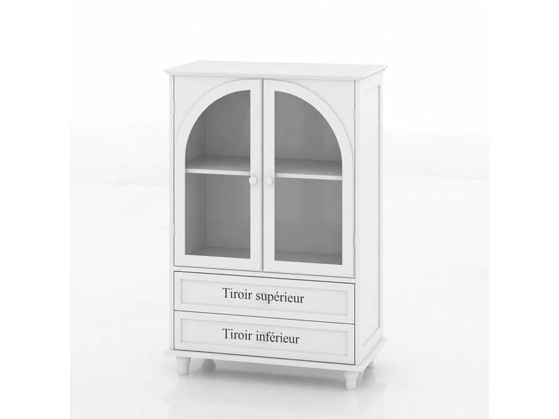  Buffet blanc style campagne avec portes vitrées cintrées, 2 tiroirs, 71 x 38 x 106,5 cm  - Conforama A