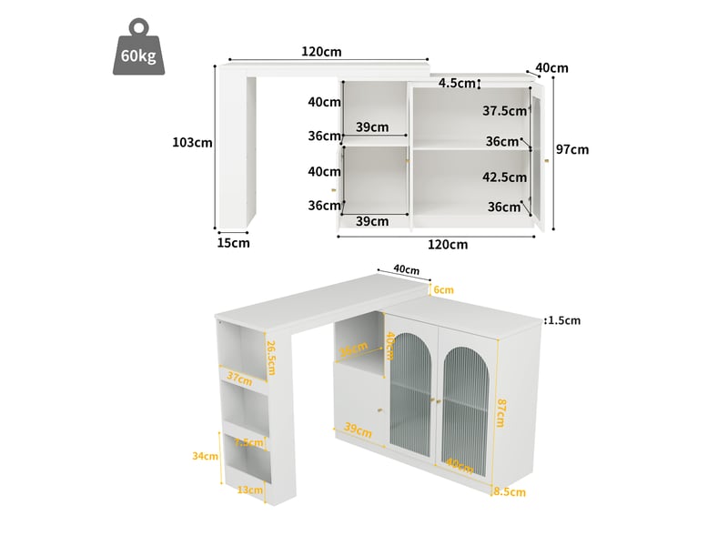  Meuble bar rotatif 360° 120x40x97 cm, avec rangement et portes vitrées, îlot de cuisine multifonction, mdf - blanc  - Conforama C