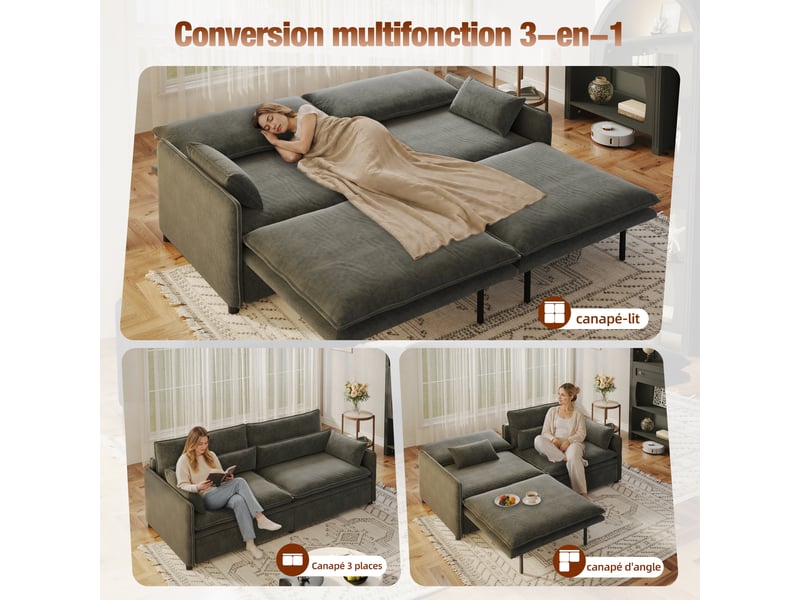  Canapé convertible 3 places gris foncé en chenille avec rangement, 206 cm Fay Lum - Conforama D