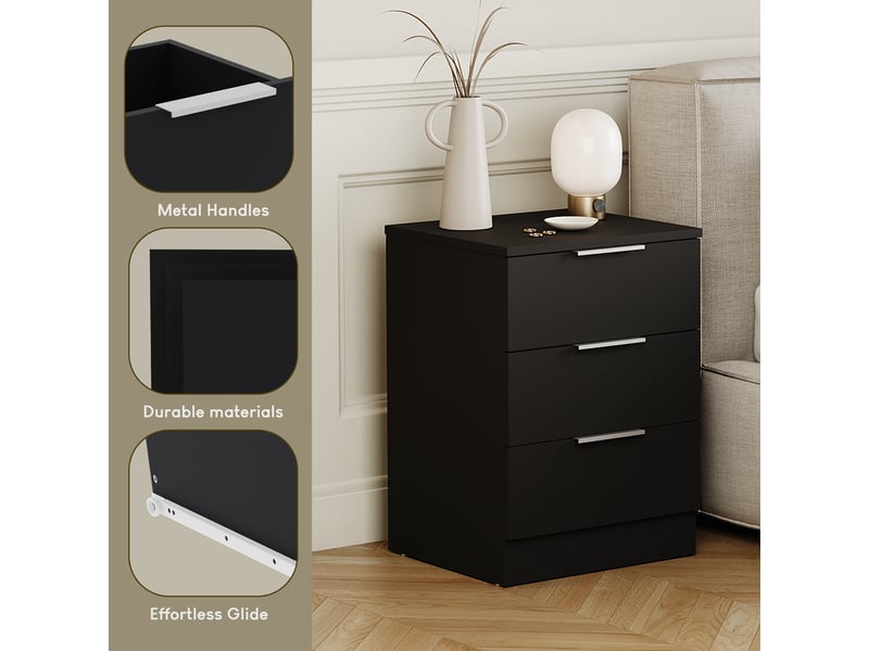  Table de chevet trega 3 tiroirs, commode de nuit, chambre, set de 2, 50x39x28cm, noir 3332103 - Conforama W