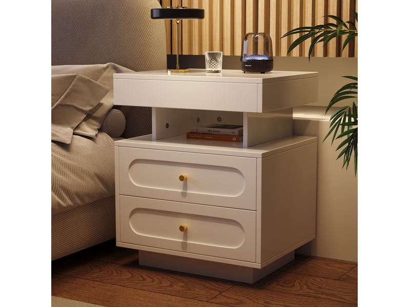  Chevet 50x40x60 cm, 2 tiroirs, led, design élégance, moderne, design simple, rangement, panneau de particules, blanc  - Conforama D