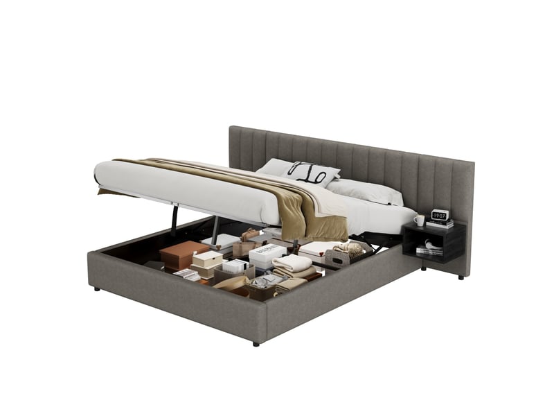 Lit coffre 2 places 180x200 cm avec 2 chevets, tête de lit, sommier et espace de rangement, revêtement lin gris, sans matelas - Conforama A