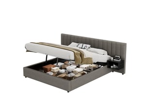 Lit coffre 2 places 180x200 cm avec 2 chevets, tête de lit, sommier et espace de rangement, revêtement lin gris, sans matelas