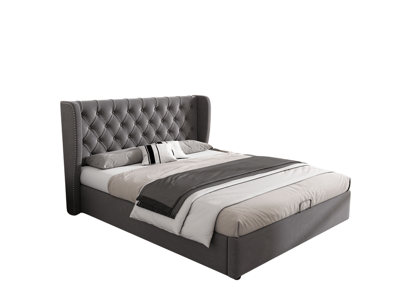  Lit double 140 x 190 cm à rangement hydraulique avec sommier à lattes en velours gris  - Conforama A