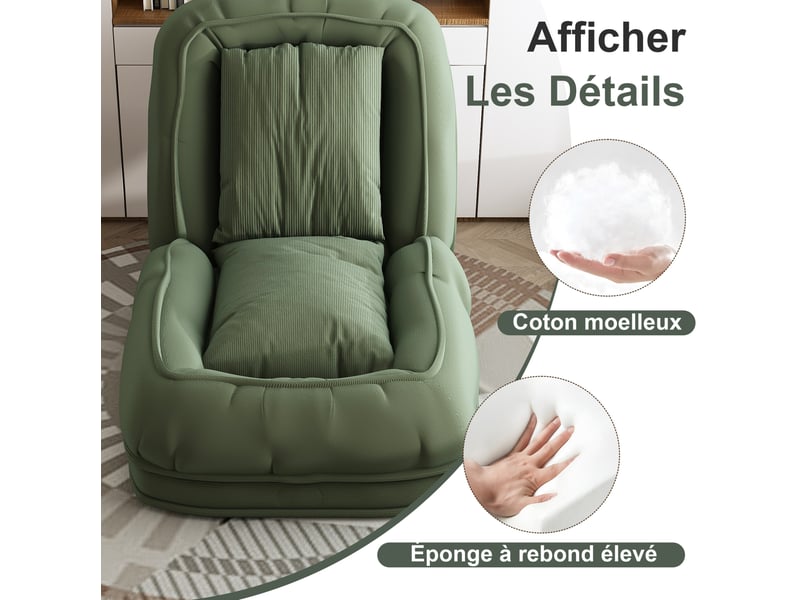  Canapé convertible modenvie pliable réglable 5 positions de 90 à 180 degrés avec 2 coussins pour adultes et animaux de compagnie vert en velours côtelé 180 x 90 x 26 cm  - Conforama E