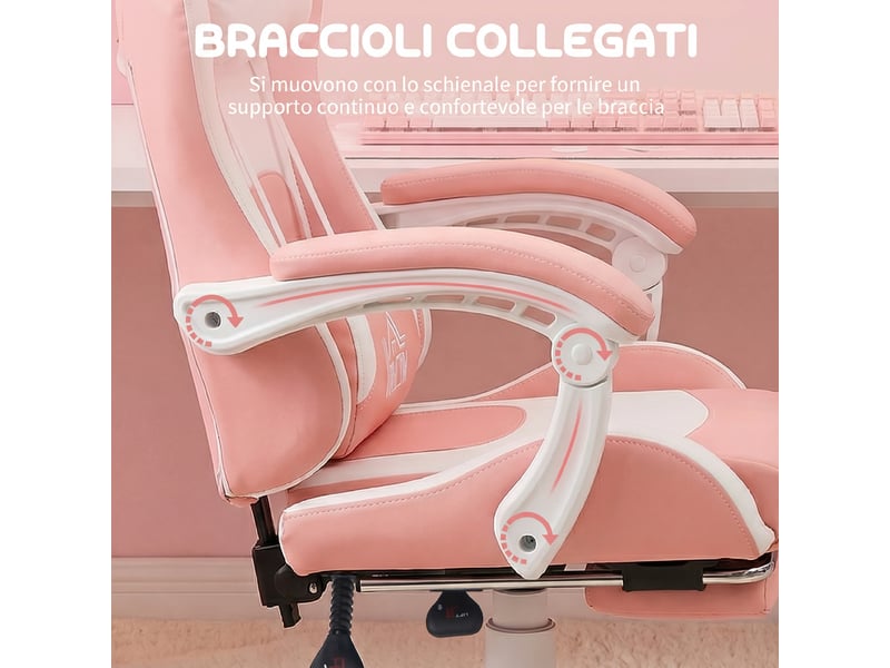  Chaise gaming ergonomique rose avec repose-pieds intégré, dossier inclinable et coussins réglables  - Conforama W