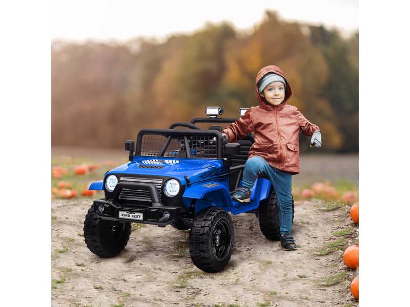  Voiture électrique pour enfants avec suspension souple, télécommande, phares led, klaxon, moteurs 12 v, en plastique et métal, bleue  - Conforama C