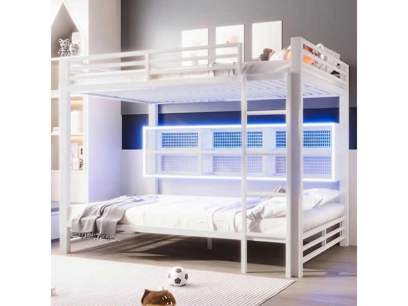  Lit superposé 140x200 cm en métal avec rangements et led blanc  - Conforama D