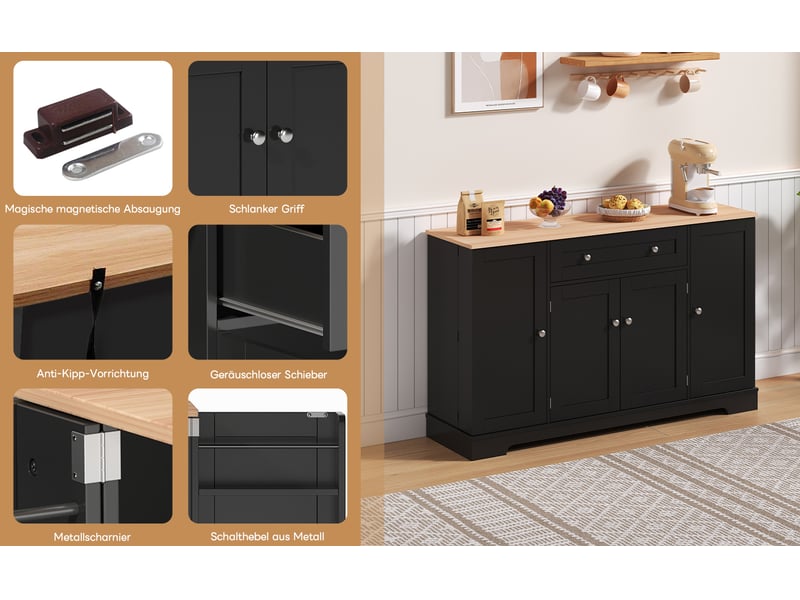 Buffet large 138 cm - meuble bas noir avec grand tiroir central et portes latérales, idéal salon et cuisine moderne  - Conforama D