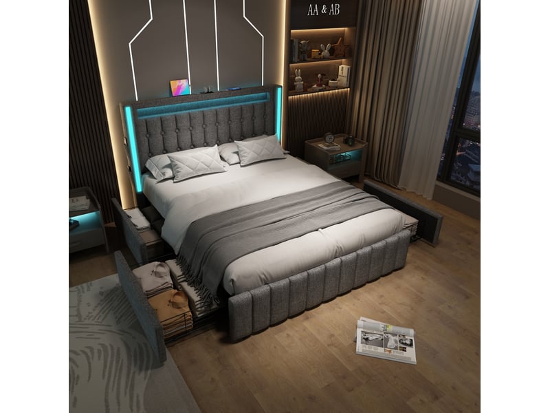 Lit rembourré 160 × 200 cm 2 places avec 4 tiroirs, led, usb et type-c, matelas inclus, en lin gris - Conforama C