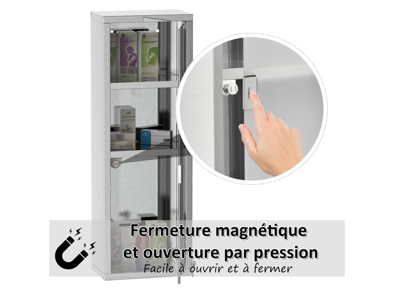 Armoire à pharmacie 2 étagères 3 niveaux 20l x 12l x 58h cm porte trempé verre symbole croix acier inox. - Conforama E