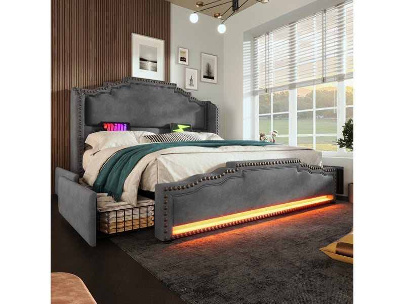  Lit coffre 140 × 200 cm 2 places avec 4 tiroirs, led réglable, usb et type-c, matelas inclus, velours gris  - Conforama C