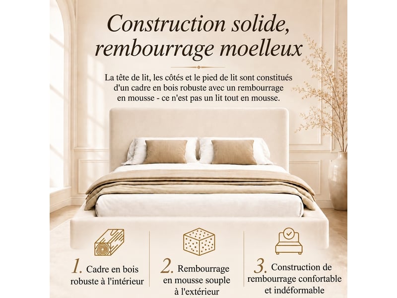  Lit double 160x200 capitonné beige avec sommier à lattes - tissu chenille doux  - Conforama E
