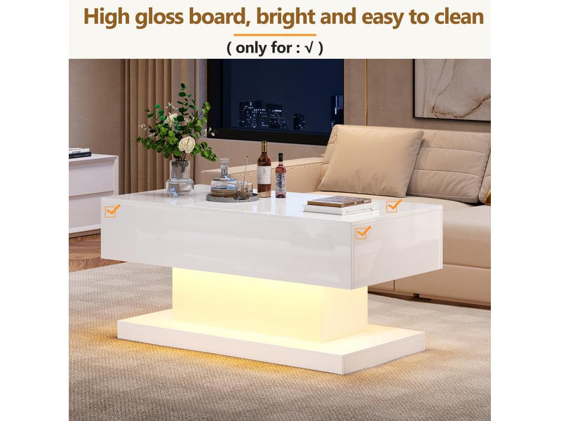  Table basse relevable avec plateau coulissant, éclairage led et rangements, pour salon moderne, 100 × 50 × 45 cm  - Conforama E