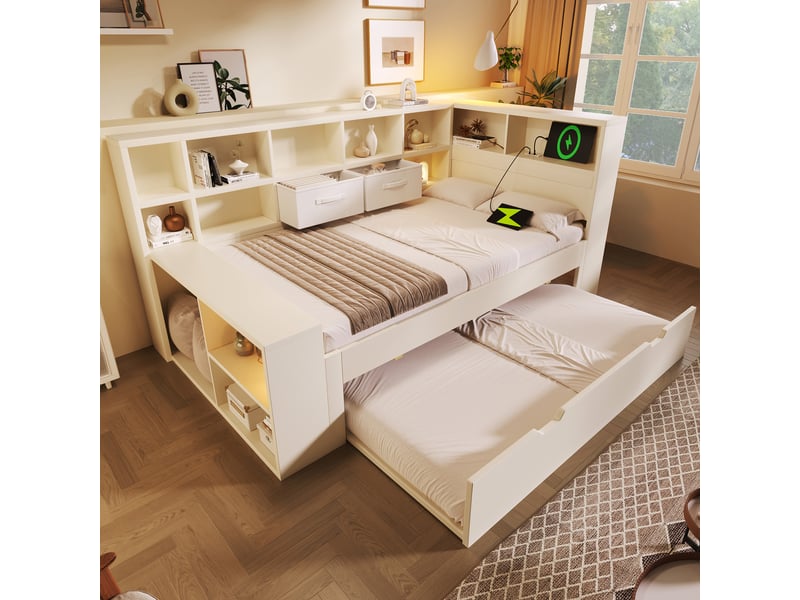 Lit gigogne en bois 90x20090x190 cm, lit enfant avec rangements sur 3 côtés, usb, type-c et sommier à lattes, blanc - Conforama B