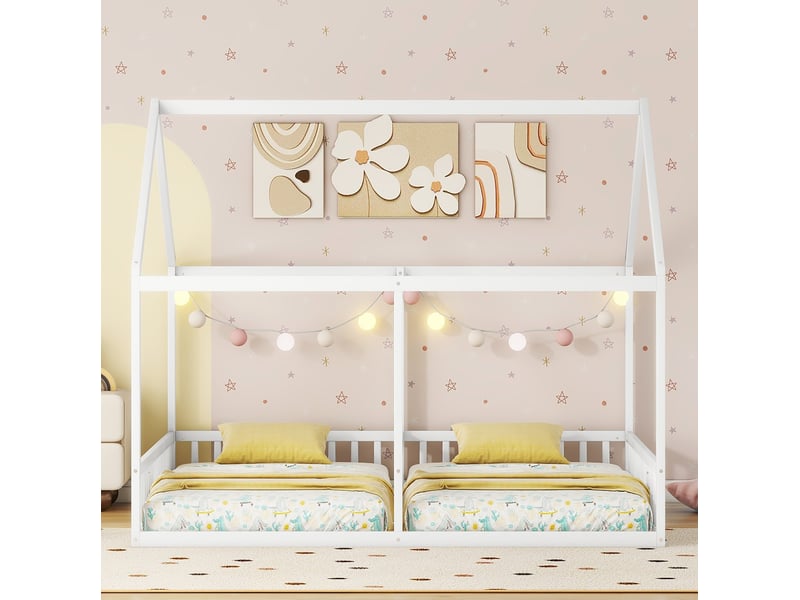  Modenvie lit enfant cabane double 90x200 cm - 2 couchages avec barrières - pour chambre d'enfant - blanc  - Conforama B