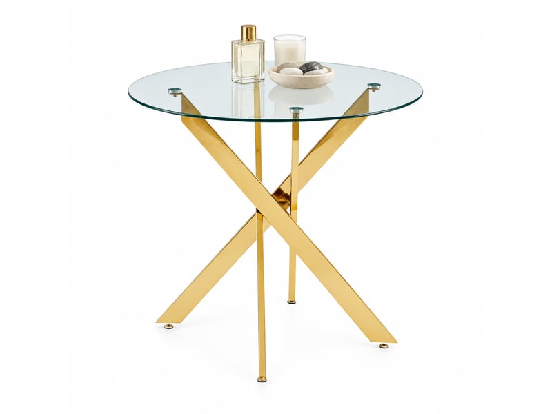  Table de salle à manger ronde avec plateau en verre, pieds croisés en métal et style moderne, métal et verre, doré  - Conforama A