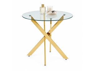 Table de salle à manger ronde avec plateau en verre, pieds croisés en métal et style moderne, métal et verre, doré