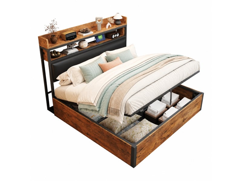  Lit coffre adulte 180x200 cm – noir – rangement hydraulique, tête de lit rembourrée et ports usb intégrés  - Conforama A